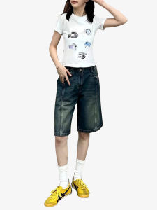 American Retro เดนิม ซุปนม ผู้หญิง สูง เอว หลวม ขากว้างห้าจุด กางเกง หลากหลาย ลำลอง กางเกงขายาว สําหรับหญิงสาว