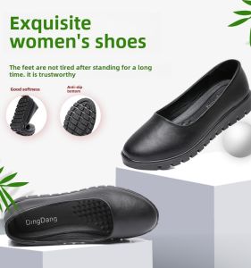 สีดำ รองเท้าทํางานส้นหนา ผู้หญิง หนัง รองเท้าส้นเตี้ยแบบสวมสบายยืนยาวoffice ก้นแบน กันลื่น หัวมน