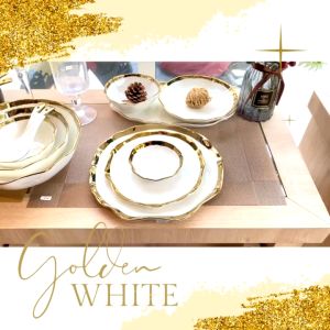 Dining Vaisselle จานชาม Luxury White Precieux Plate Set ขาวขอบทองหรูหรา English Artist Design อุปกรณ์บนโต๊ะอาหาร