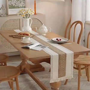Table Runner Cotton Linen Table Flag Stripe Stitched Two-color Braid with Tassel Placemat Household   Width 30 cm