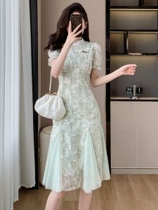 2024 New Chinese Style Embroider Pure Desire Style Fairy Temperamental Waist-Tight Young Adult Improved Fishtail Cheongsam Classy Young Style