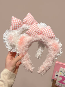 Cute Bear Ear Hairband Pink Bowknot Plush Womens Face Wash Hair Clip Autumn Winter Fashion Hair Accessories