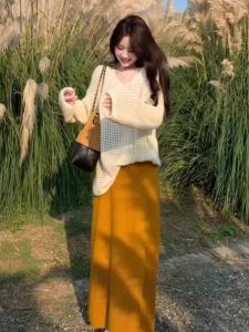 CHANGTONG | Casual V-Neck Knit Top & Midi Skirt Set