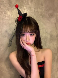 Halloween Red Rose Small Hat Hair Clip Womens Black Polka Dot Net Headwear Decorative Hairband Sweet Style Fresh out Niceruru