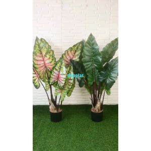 Pohon Artificial Daun Keladi Giant Taro & Keladi Pelangi T120 Pot Dasar Hitam Dekorasi Ruangan