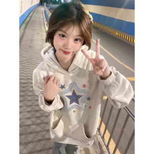 Pure Cotton American Style Star Grey Hoodie Womens Spring Autumn Loose Lazy Style Small Size Oversize Jacket