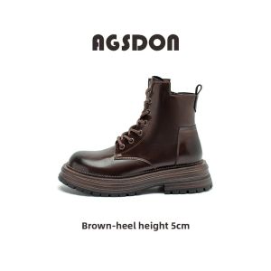 Agsdon l Brown Leather Boots Womens New Thick Sole Mid-Calf Short Boots