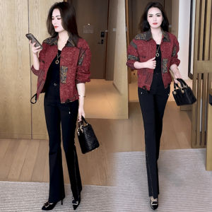 เสื้อเชิ้ตผู้หญิงทรงหลวมพิมพ์ลายแฟชั่นฤดูใบไม้ร่วงปี 2024 เสื้อคลุมกันหนาวสั้นทรงเข้ารูปสำหรับผู้หญิงไซส์เล็ก เสื้อเชิ้ตคอโปโลแขนยาว