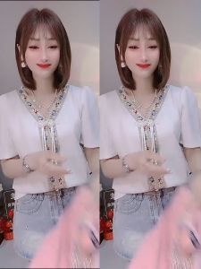 Short Womens T-shirt 2026 Summer New V-neck Versatile Plate Button Slimming Fashion Loose Casual Top