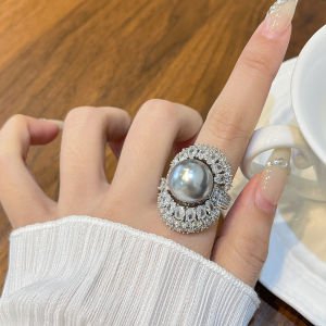 French Design Pearl Ring for Women Large Carat Zircon Stone Full of Diamonds Tahitian Color Ring High-End Feeling Fashionable