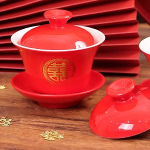 [Ready Stock] Chinese Wedding Red Tea Cup Tray Ceramic Bowl and Chopsticks Set Red Bowl Bridesmaid Gift
