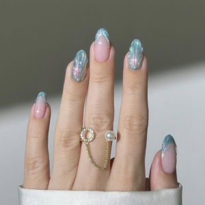 24Pcs Aurora Cats Eye Almond Fake Nails Full Cover Detachable Shell Starfish Stick on Nail Set Sea Style Wave Oval False Nails