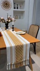 Table Runner Cotton Linen Table Flag Stripe Stitched Two-color Braid with Tassel Placemat Kitchen Table Cloth Table Decoration Modern Minimalist Table Cloth TV Cabinet Cover Dining Table Long Towel