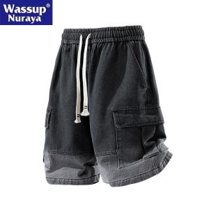 WASSUP Nuraya American Style Gradient Distressed Denim Shorts Mens High Waist Leisure Workwear Five Parts Pants Cotton Polyester Blend