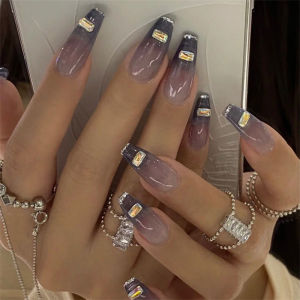 24pcs long acrylic fake nails product full removable green peach heart diamond false nail sheet reusable press on nail art