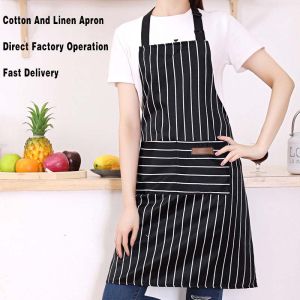 White Black Striped Man Woman Home Restaurant Kitchen Baking Nail Bib Oil Repellent Work Apron 2 Pockets Adjustable Clean Apron