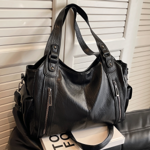 Large Capacity Womens Tote Bag Crossbody Handbag Fashionable Retro Versatile Shoulder Bag Leather PU Soft Surface Zipper Closure