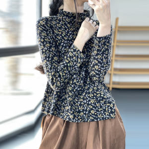 Mori Original Artistic Fashion Retro High Neck Base Layer Loose Casual Comfortable Versatile Floral T-Shirt Autumn Collection