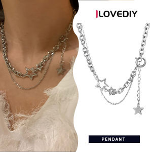 [ILOVEDIY] Y2k Double Layer Star Diamond Necklace Hip Hop Short Neck Stainless Steel Bone Chain