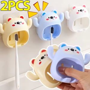 Feelife 2PCS Cartoon Toothbrush Holder Cute Bear Shaped Wall Mount Toothbrush Holders with Hook Bathroom Decor Accessories Gift for Children