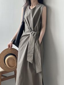 High-Waist Sleeveless Vest Skirt: Elegant Cotton Twill Long Dress with Shoelace and Zipper Details for Women Summer Fashion