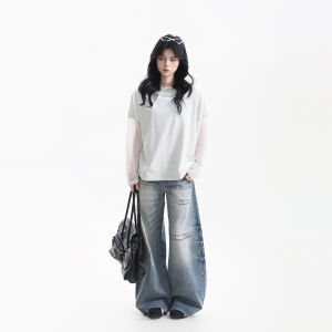 zuocisankon | Creative Mesh Paneling Striped Hooded Long Sleeve T-Shirt Lightweight Loose Fit