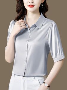 Silk Shirt Women Short Sleeve Anti-Wrinkle Satin High-End Brand  Silk Korean Style POLO Collar Single Button Closure