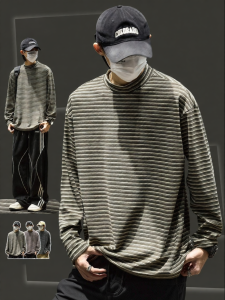 SZON | Mens Striped Long Sleeve T-Shirt Casual Half-High Neck Vintage Style