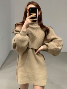 Sang Trọng Áo Len Màu Đen Cho Nữ Cao Cấp Midi Chiều Dài Với Tay Dài Phong Cách Pháp 2 Bộ Nón Kết Nam Nữ