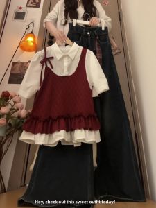 XUECAIQI | Summer Styling Sweet and Youthful Ruffle Halter Layered Top Denim Set