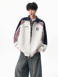 American Stripe Color Block Stand Collar Open Cardigan Sweatshirt Mens Trendy Brand Autumn Winter Loose Fleece Thickened Sports Jacket