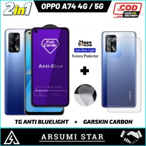 Promo Paket Murah 2in1 Tempered Glass Anti Bluelight  OPPO A74 4G 5G Tg Anti Gores Kaca Anti Bluelight + Garskin Carbon 3D