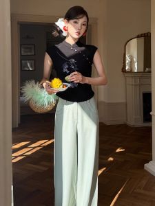 Elegant Black Cheongsam Dress Unique Summer Beauty New Chinese Style Long A-Line Skirt for Women High Waist Button Detail