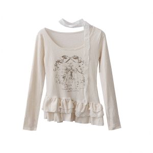 Fall New Vintage Retro Apocalyptic Sweet And Spicy Style Black Mushroom Ruffle Splicing Slimming Print Base Shirt Womens T-shirt