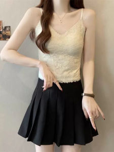 Áo Ba Lỗ Ren Đen Một Mảnh Có Đệm Ngực Cho Nữ Mùa Hè 2025 Áo Ba Lỗ Bó Sát Cổ Chữ V Tay Dây Hở Lưng Màu Trơn