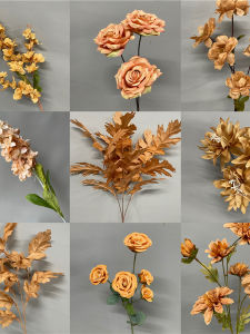 Wedding Decor Artificial Flowers Nine Branches Caramel Orange Color Series Silk Flowers Bouquet Decoration for Wedding Celebration