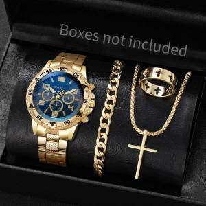4PCS/Set Fashion Mens Stainless Steel Watches Luxury Quartz Wristwatch Jewelry Set Reloj Hombre（Box Not Included ）