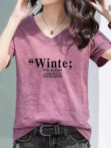 100% Slub Cotton Print Short-Sleeved T-shirt Womens Summer New Arrival Elegant V Neck K-style Loose plus Size Slim-Fit Top