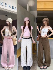 กางเกงทำงานผู้หญิงทรงหลวมสบาย ๆ สีขาว กางเกงขายาวทรงตรงเอวต่ำ กางเกงขายาวสไตล์เกาหลี ทรงสลิมฟิต กางเกงขายาวทรงตรง