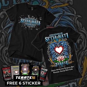 KAOS PSHT DESAIN TERBAIK SETIA HATI BIRU SABLON DEPAN TULISAN LATIN BIRU CORAK | BELAKANG SABLON HATI BERSINAR BESAR