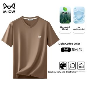 MiiOW | Cool Feeling Modal Silk Cotton Logo Design V-Neck Short Sleeve T-Shirt Mens Summer New Style Thin Base Layer Casual Tee