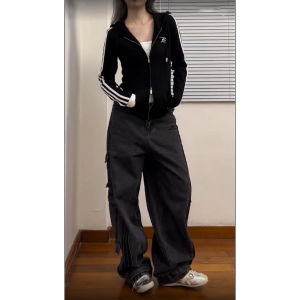 Retro American Striped Color Block Zipper Womens Spring Autumn Slim Fit Sporty Style Sweatshirt Cardigan Long Sleeve Hoodie