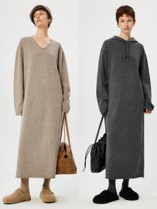 Ultrafine Soft Cashmere Lazy B Long Sleeve Hooded Dress Spoon Collar Knitted Long Dress H-Shape Winter Fashion Womens Dress