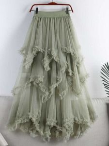 Princess Style Half Skirt Cake Design Tulle Midi Skirt Asymmetrical High Waist Large Flounce Fairy Skirt Long Skirt 1279