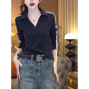 plus Size Slimming Striped Long Sleeve Polo Neck T-Shirt Fashionable Early Autumn Wear for plus Size Women Comfortable Fit