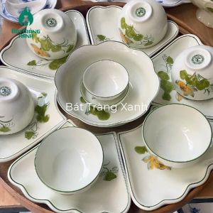 Bộ bát đĩa Bát Tràng họa tiết hoa sen cam men kem - Hàng nung khử có bảo hành - Bộ chén dĩa tô Bộ đồ ăn gia đình