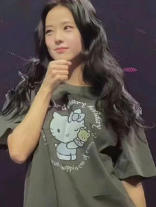 South Korea Sle Kim Ji-Su Jisoo Same Sle Hello Kit Cartoon Loose Short Round Neck T-shirts for Women Summer Casual Loose Tops