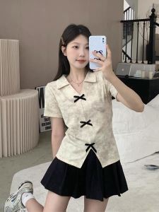 Tie-Dyed Polo Collar Shoulder Short-Sleeved T-shirt Female Summer Plus Size Plus Size Ladies Slimming Slim Fit Asymmetrical Elegant Unique Tops