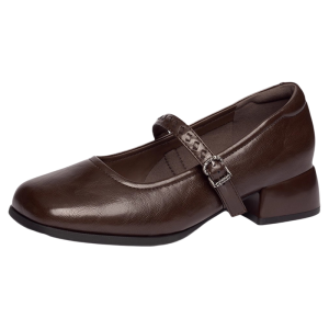 Josiny | Brown Retro Mary Jane Shoes 2026 Spring New Style Square Toe Thick Heel Leather