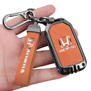 Zinc Alloy Goatskin Leather Car Key Fob Case Cover Chain Protector Shell Keychain For Honda City Civic Type R BRV CRV HRV WRV Vezel Accord Fit Jazz Shuttle Odyssey Stepwgn Freed RS Smart Keyless Remote Holder Frosted Buttons Protection
